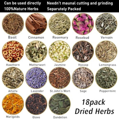 HNSHAG Witchcraft Supplies Herbs and Flowers Kit, Bigger Size 18pack Dried Herb for Witchy Beginners, Witchcraft Altar Supplies and Decor, Cinnamon Vervain Spiritual Herb for Witchy Gifts for Women - size: 30ml 18pack