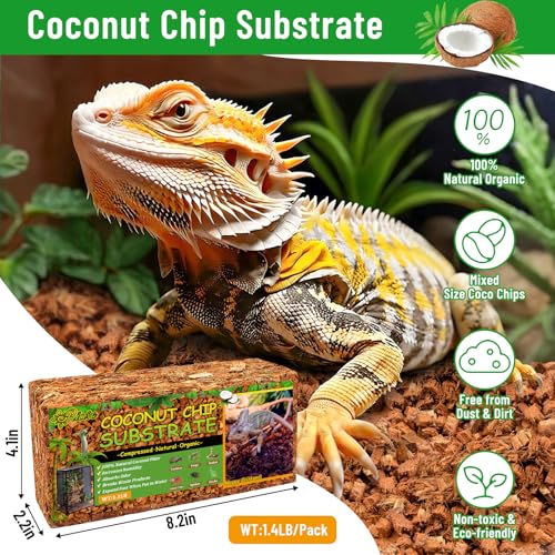 Riare 4 Pack Natural Coconut Chip Substrate for Reptiles- Compressed Coconut Husk Reptiles Bedding, Coco Husk Chip Terrarium Substrate for Snakes, Tortoises, Ball Python, Frogs, Bearded Dragon, Lizard - color: 4 pack