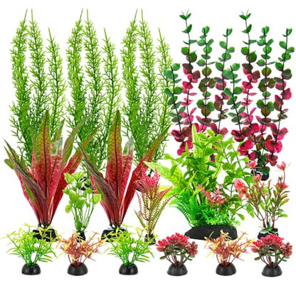 18-Piece Artificial Aquarium Plants Decorations – Large Set with Red & Green Foliage, Fish Tank Decor for Betta, Goldfish, Freshwater & Saltwater Tanks, Weighted Bases