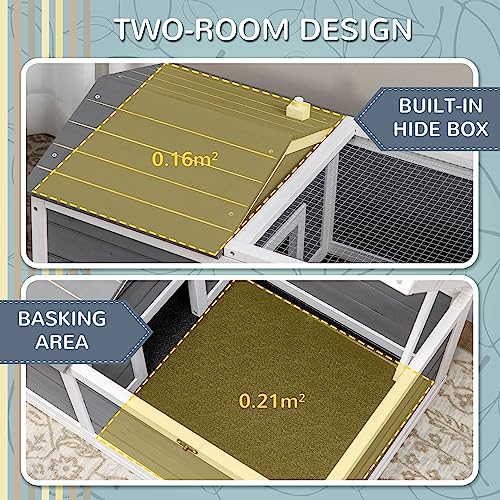 34" Wooden Tortoise Habitat, Tortoise Enclosure with Hide Shelter and Run, Openable Top, Tray, Indoor/Outdoor Use, Gray