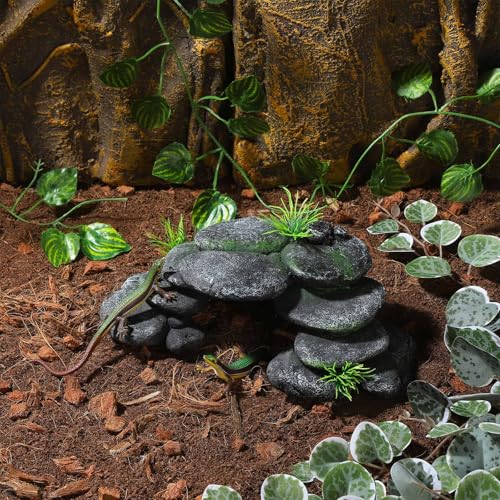 IBWell Resin Reptile Hides Pebble Shrimp Hides for Aquarium Tank Terrarium Reptile Rock Hide with Grass Fish Tank Caves and Hides Reptile Hideouts for Lizard Snake Gecko - color: Rocks grey and grass green