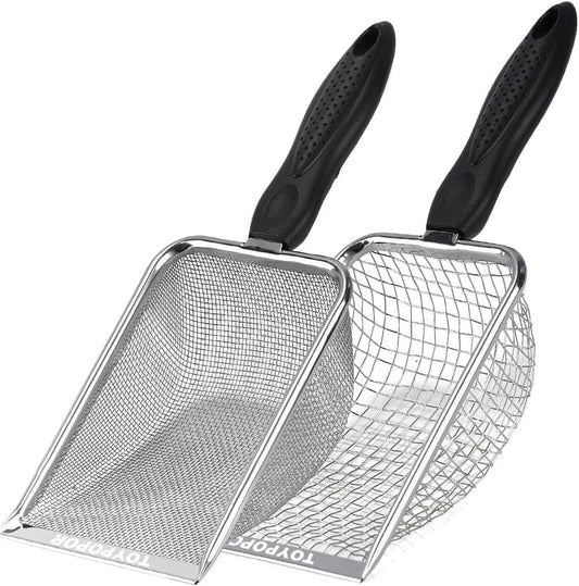 TOYPOPOR 2 Packs Reptile Substrate Scooper, 2mm and 5mm Fine Mesh Cat Litter Shovel, Climbing Pet Excrement Sifter, Stainless Steel Litter Cleaner, Bearded Dragon Metal Rake for Sand Bedding Aquarium