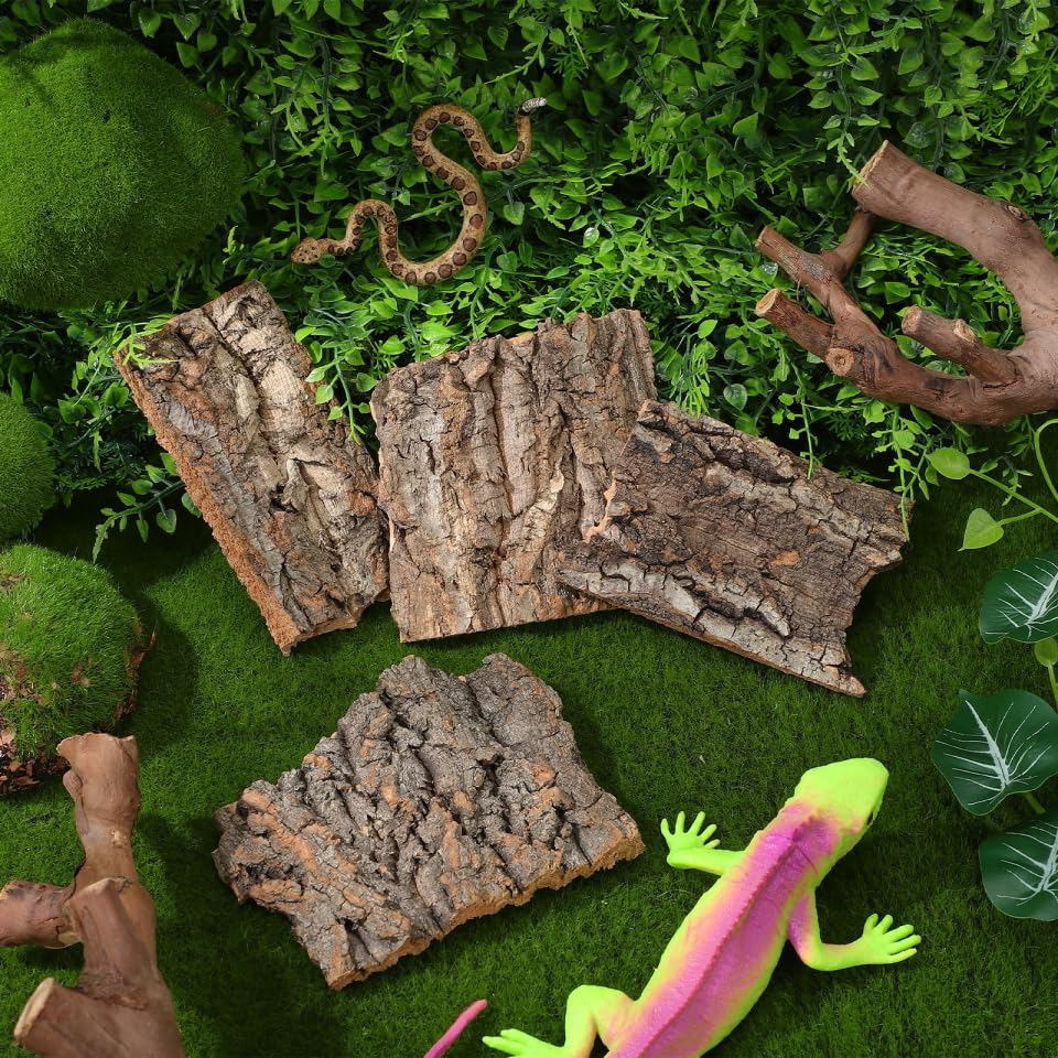 Kisangel 4pcs Reptile Tree Bark, Wood Cork Bark Climbing Platforms and Hide Terrarium Landscape Decor for Turtle, Lizard, Snake Habitat