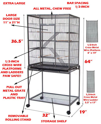 64" Extra Large Chew-Proof Wrought Iron 4 Levels Tight 3/8-Inch Bar Spacing for Ferret Chinchilla Sugar Glider Cage Easy Clean Pull Out Grate and Tray with Removable Rolling Stand - color: Black Vein, size: 32"L x 19"W x 64"H With 3/8" Spacing
