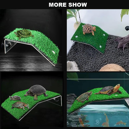 Turtle Basking Platform - 5.9 X 8.7 X 1.3 Inches Tortoise Basking Platform - Simulation Grass Tortoise Ramp with Suction Cup - Turtle Resting Terrace for Reptile, Terrapin, Frog