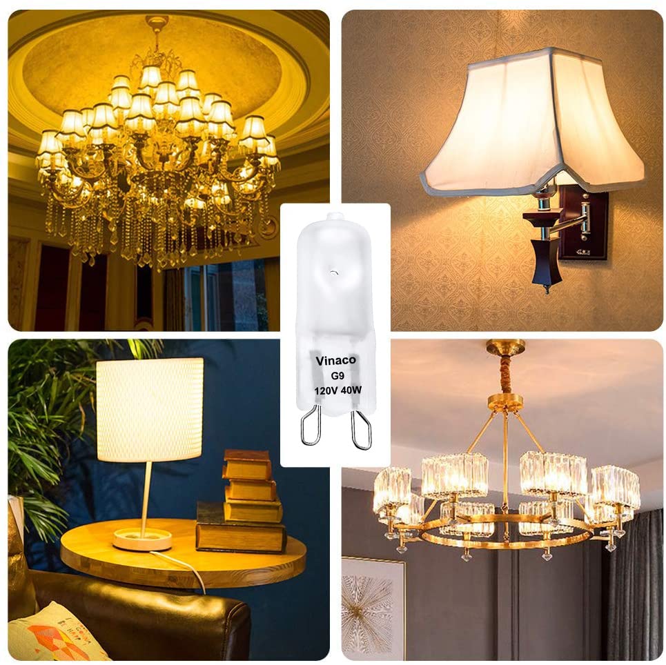 Vinaco G9 Bulb, 10 Pack G9 Frosted 40W Halogen Light Bulbs, High Brightness JCD G9 120V 40W, G9 Dimmable Warm White 2800K, Long Lasting G9 Halogen Bulb 40 Watt for Chandeliers, Pendants Lights - style: 40W Frosted - 10Pack