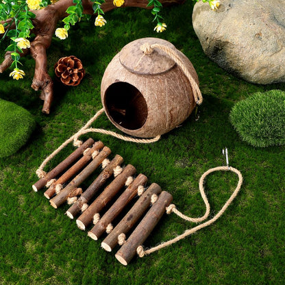 Reptile Hide Cave with Ladder Synthetic Coconut Shell Shelter for Lizard Tank Accessories Reptile Enclosure Decor 28.34X4.72X2.36In