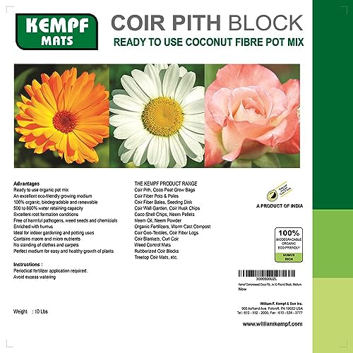 Kempf Compressed Coco Coir Pith Block, 10 Pound Block, Natural Potting Mix, Expands to 18 Gallons