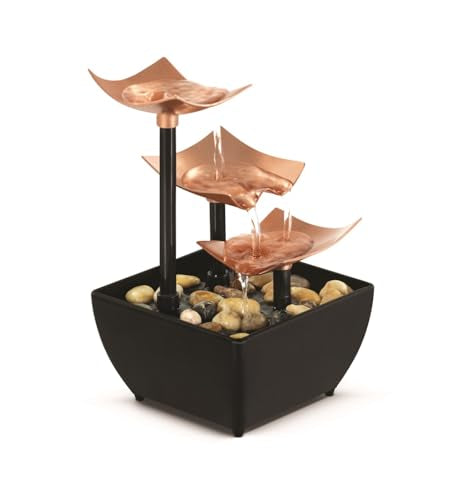 Homedics Tabletop Water Fountain, 3 Tier Indoor Waterfall Fountain with Natural River Rocks, Quiet Pump for Relaxation, Zen Home & Office Desk Décor, AA Battery Powered - color: Golden Dew